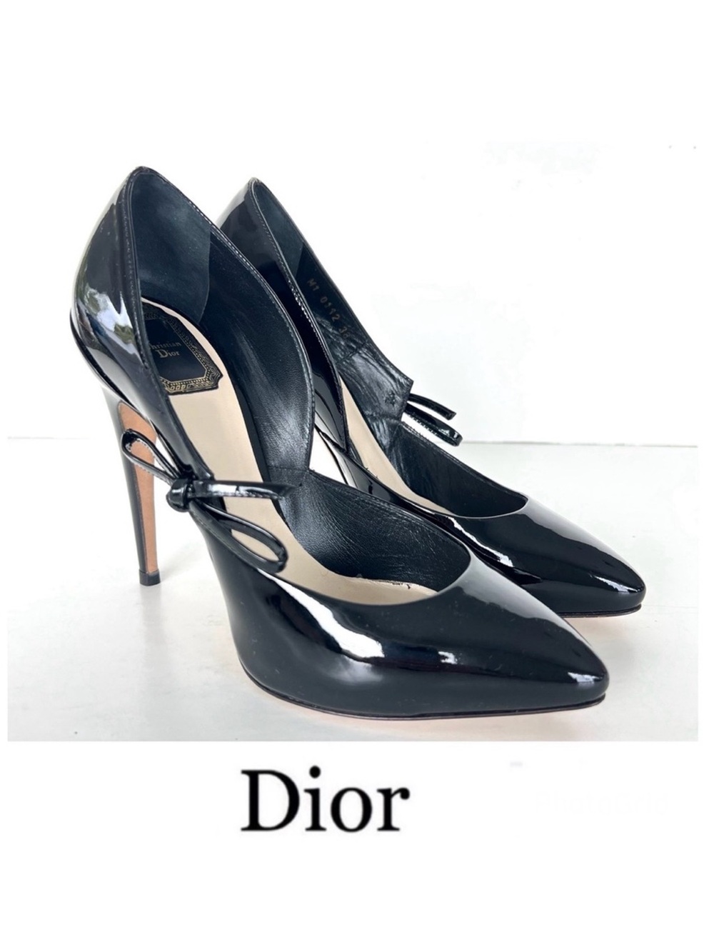CHRISTIAN DIOR Black Patent Leather Bow Accents D'Orsay Heel Pumps Sz 38 NWB
